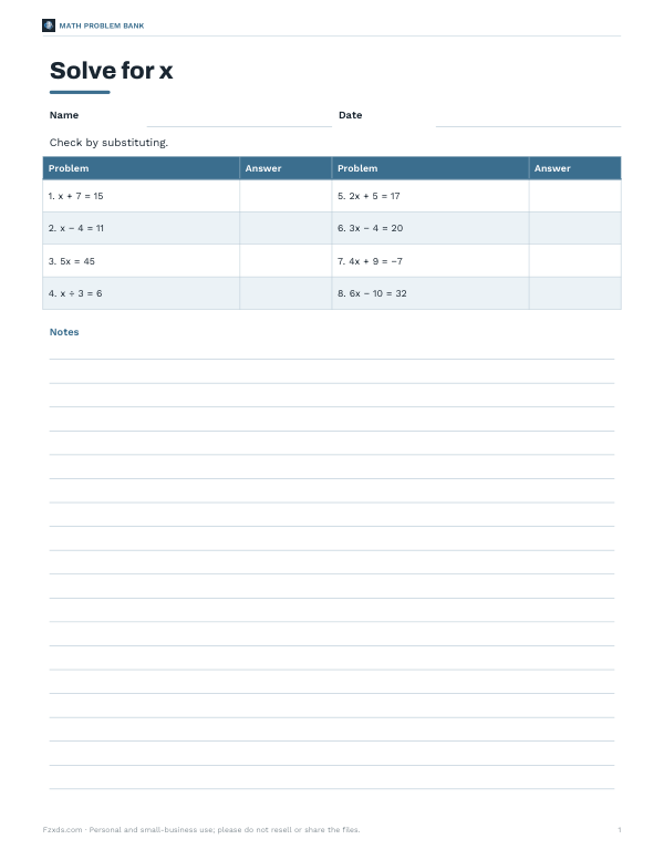 Preview of Printable Solve for X Equations Worksheet