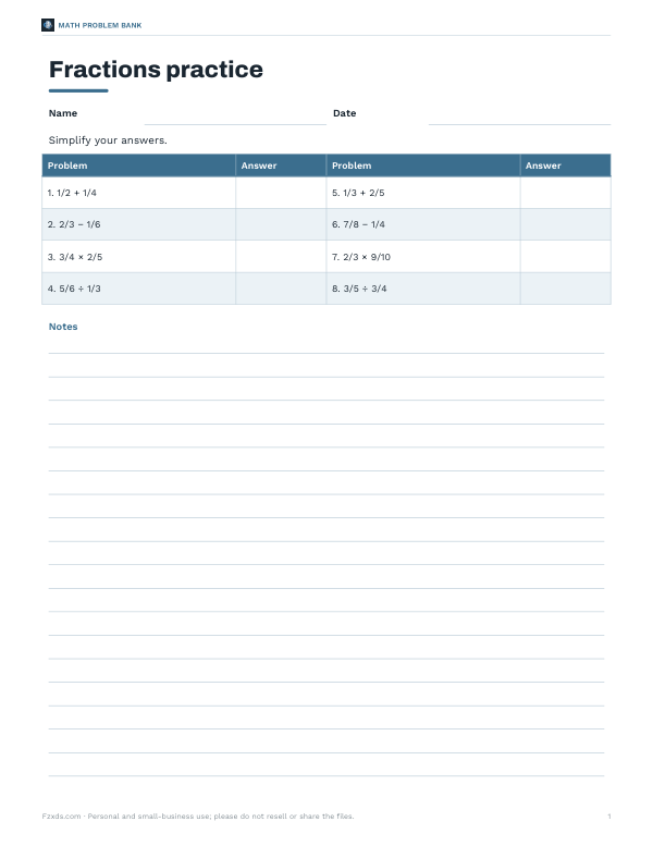 Preview of Printable Fractions Practice Worksheet
