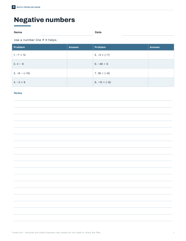 Preview of Printable Negative Numbers Worksheet