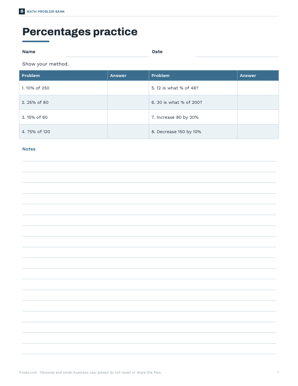 Preview of Printable Percentages Practice Sheet