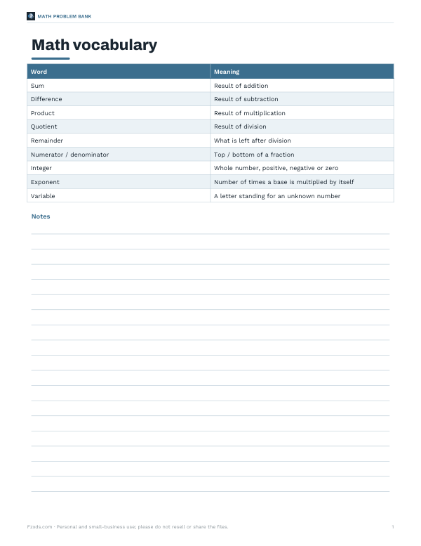 Preview of Printable Math Vocabulary Card